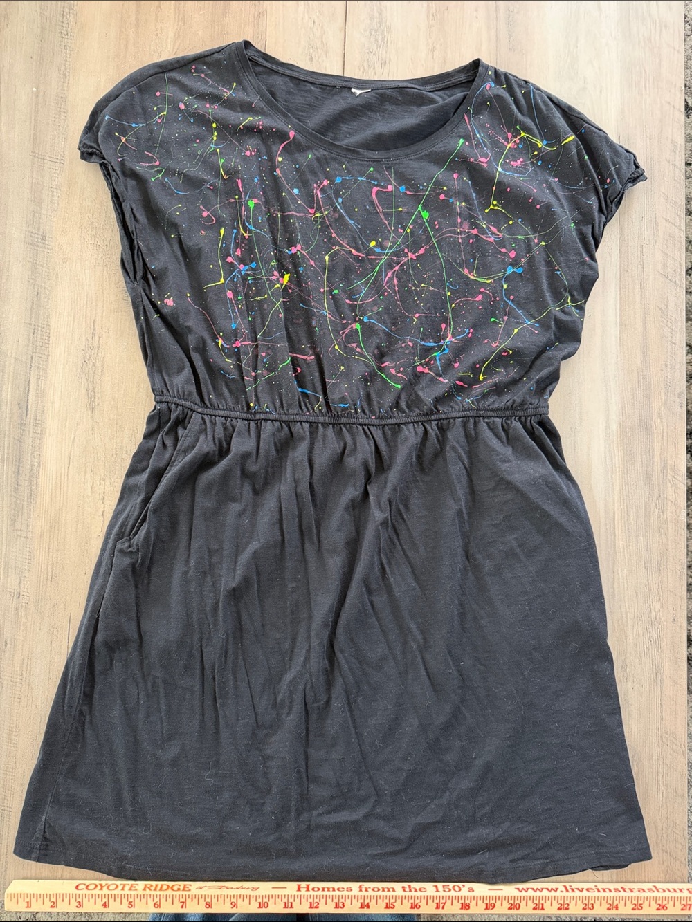 Woman’s 'Cotton Black Paint-Splash Short Sleeve Dress elastic waist pockets 80’s